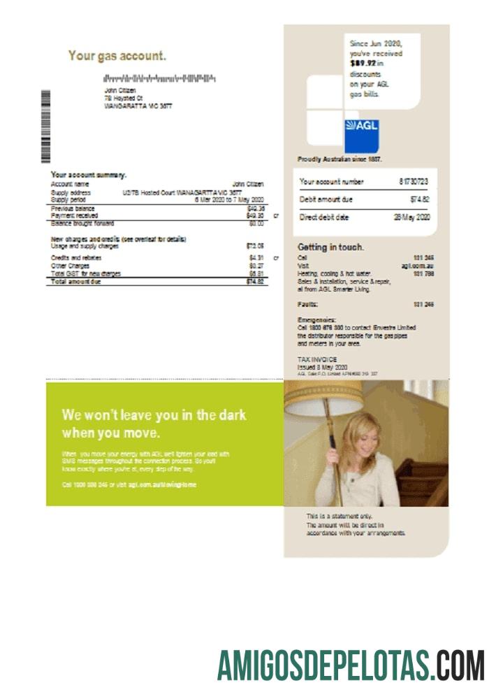 Em branco modelo de conta de serviços públicos de gás AGL da Austrália em formato Word e PDF